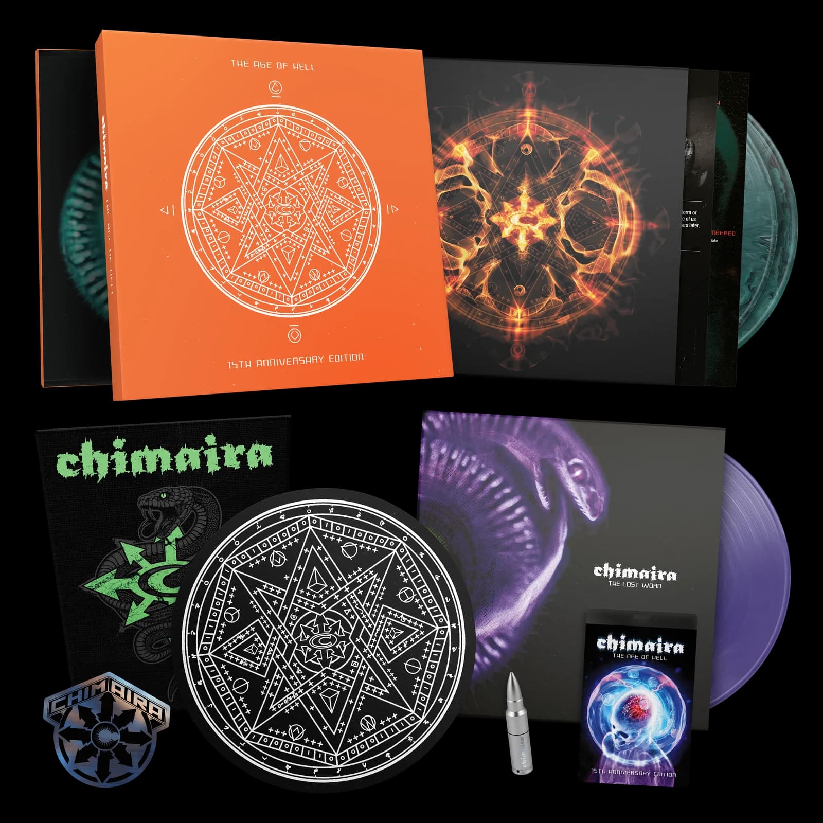 Chimaira The Age of Hell XV deluxe box set with the Year of the Snake Green double vinyl, The Lost Word LP, sigil slipmat, back patch, bullet USB and foil sticker