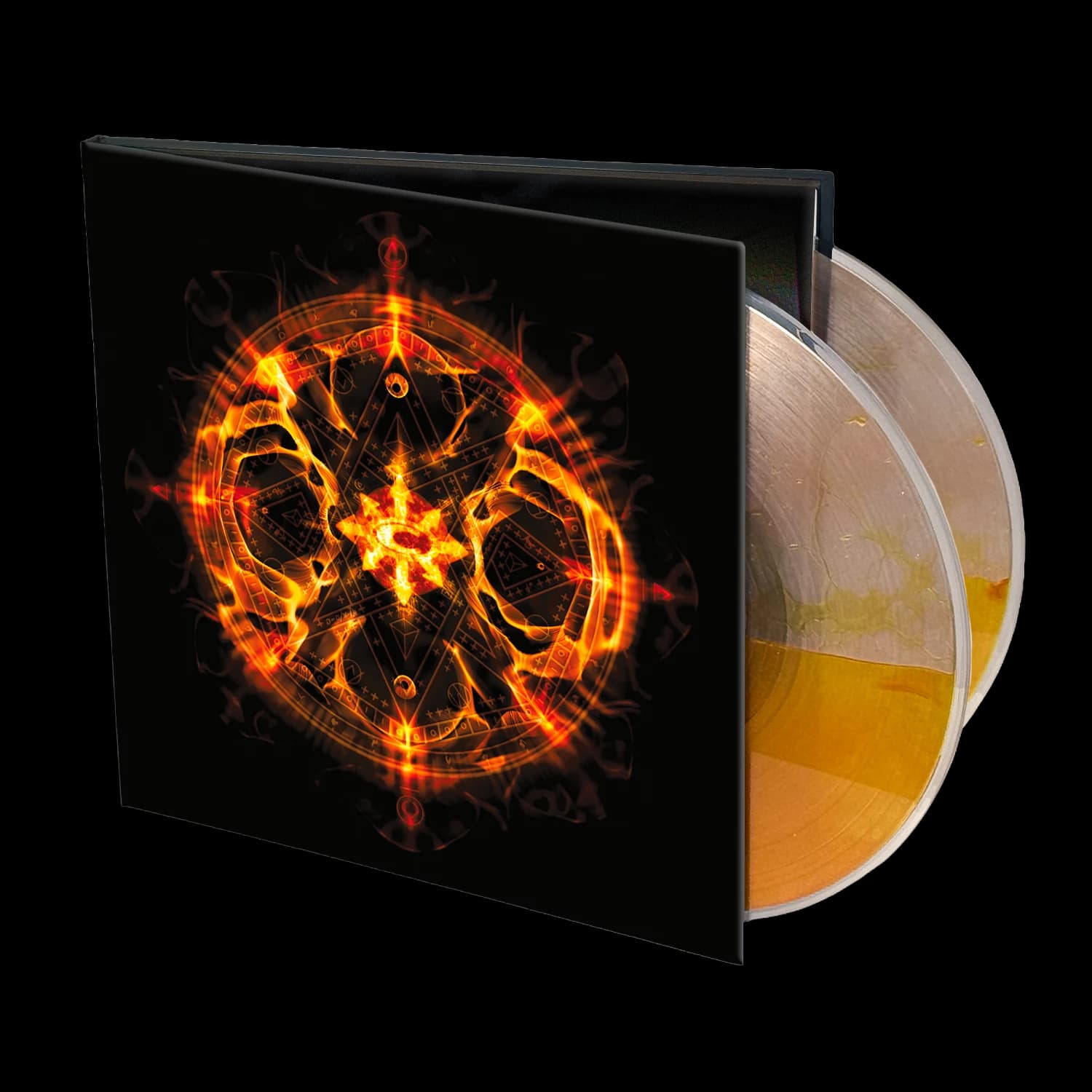 Chimaira The Age of Hell XV premium hardcover gatefold with a fiery sigil and orange liquid-filled double vinyl
